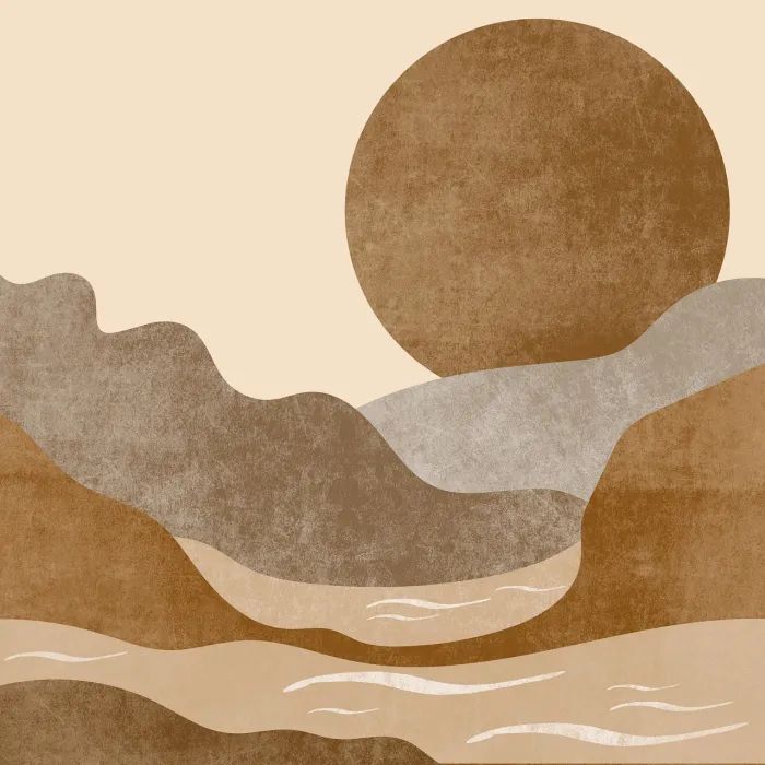 Abstract artwork featuring a large brown textured sun setting behind layered terracotta and grey rolling mountains. | PrintPosters.in